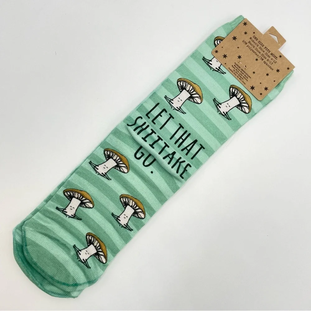 Let That Shitake Go Socks Mushroom Novelty Unisex Pun‎ Green Stripe One Size NWT
